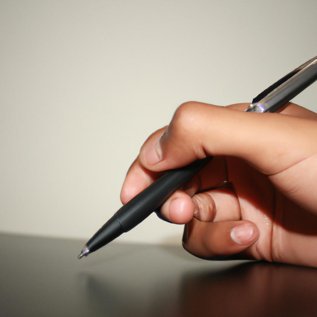 Person holding a pen, writing